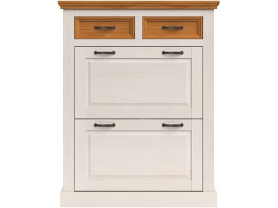 Sapateira no acabamento branco lavado com cera natural de Madeira com duas portas basculantes e duas gavetas / Coleção England